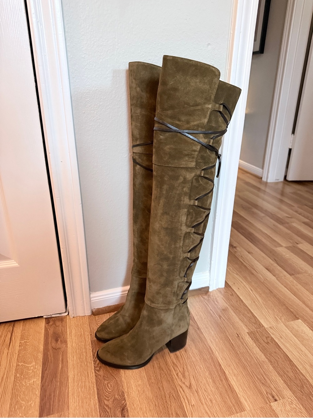 Jimmy Choo Mayfair 65 Over the Knee Boots in Olive Suede/Leather